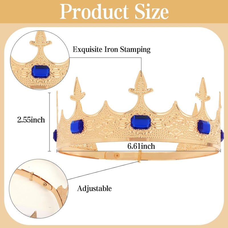 Amariver King Crown for Men Medieval Headpiece with Sparkling Blue Crystals Gold Tiara for Men Birthday Crown Prom Halloween Accessories - Image 2